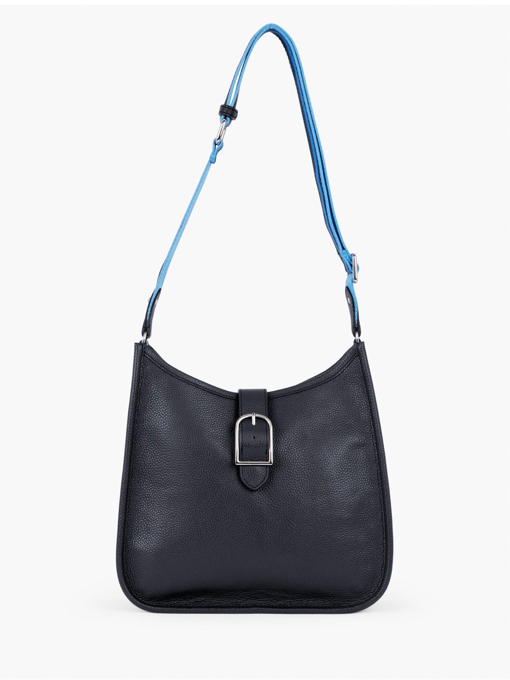 Talbots Classic Black Leather Cross-Body Bag With Blue/Black Strap